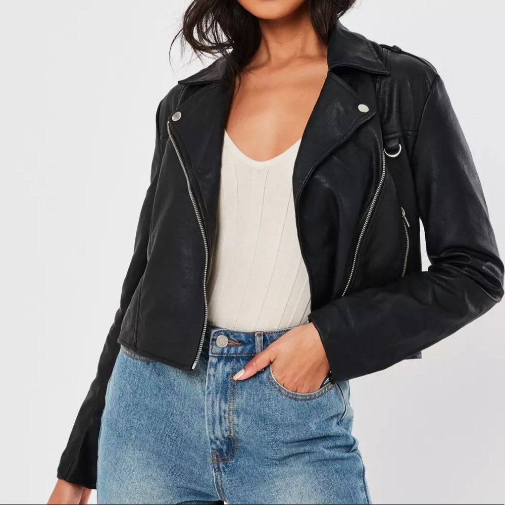 Black Ultimate Boxy Faux Leather Biker Jacket Sz 2